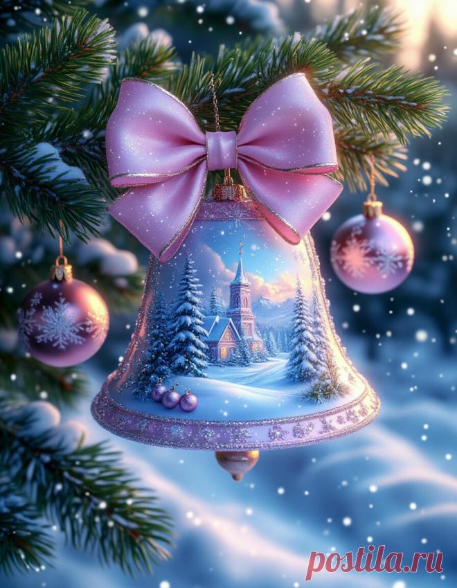 В нежной гамме розово-голубых оттенков красивый  новогодний колокольчик с картинкой зимнего пейзажа, с большим  бантом  на зелёной еловой ветке с новогодними шарами с узорами, пуансеттия на ветке, светодиодная гирлянда, падают фрактальные снежинки, блёстки, фон природный, еловый лес, 
профессиональное фото, высокое разрешение, фото. высокое разрешение, фоторелистично, кинематографично,
 64к, 5д, UltraHD, 
неоновое свечение, алмазная пыль.