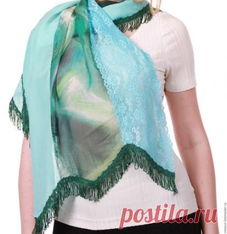 Купить Палантин &quot;Бирюзово-голубой &quot; - шарф женский, легкий шарфик, легкий шарф