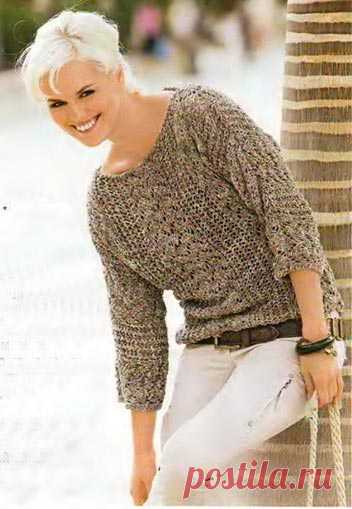 Ажурный меланжевый пуловер с цельновязанными рукавами. Спицами. / 1001uzor.com