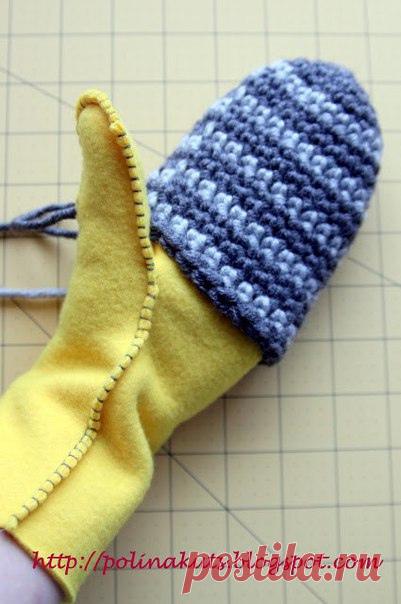 Варежки крючком на флисовой подкладке