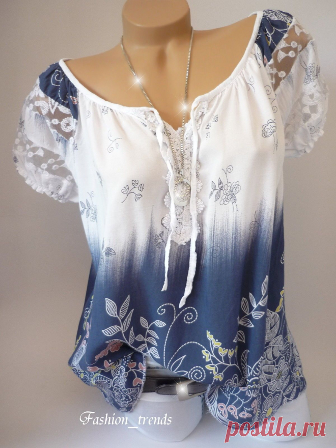 Italy Vintage Blumen Bluse Sommer Shirt Top Tunika Lagenlook*Weiss Blau*38 40 42…