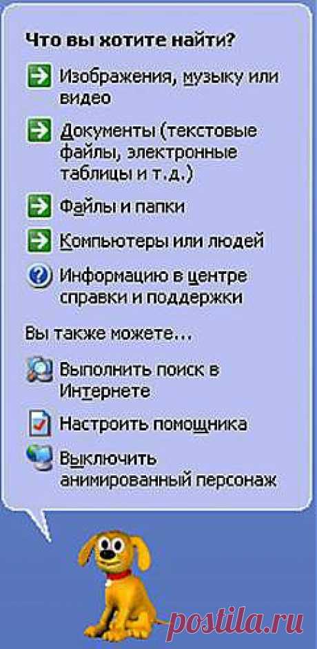 Поисковая система (Windows Search Companion) содержит анимированный пер­сонаж, разработанный для того, чтобы сделать ваши поиски более приятными. Если вам не нравится персонаж, отображаемый в данный момент, вы можете выбрать другой: ..