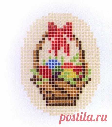 a cross - stitch picture of a basket with flowers in it on a white background