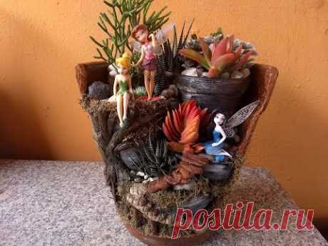 Curta Comente e Se Inscreva no Canal... mini jardim de fadas feito em um vaso quebrado e alguns pedaços de outros vasos detalhes feito em massa epoxi