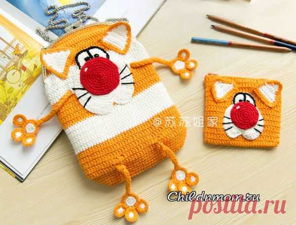 Детская сумка кот крючком: схема, кошелек кот крючком схема