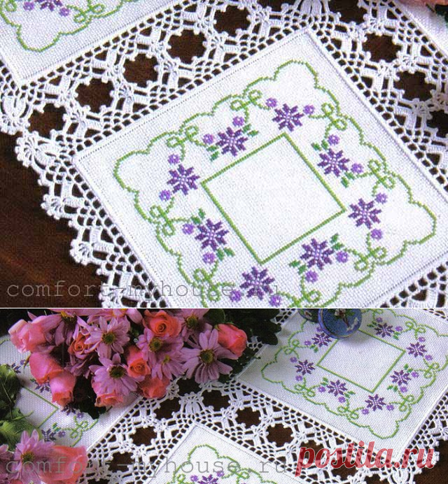 Красивая салфетка из ткани с вышивкой, обвязанная крючком | Уют и тепло моего дома