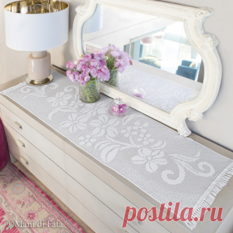 Scheme to realize the crochet filet runner with flowers and fringes