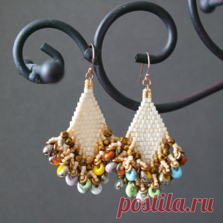 Colorful Cluster Fiesta Earrings. Artisan Beaded With Rose Gold Filled Earwires One of a kind (only one made!), festive, and colorful, these hand beaded cluster earrings have a burst of vibrant color at their bottoms!  A square beaded top in light beige luster gives way to colorful glass drop beads in multi blue, green, yellow, orange, white, and purple. Just above the loops at the bottom, there a
