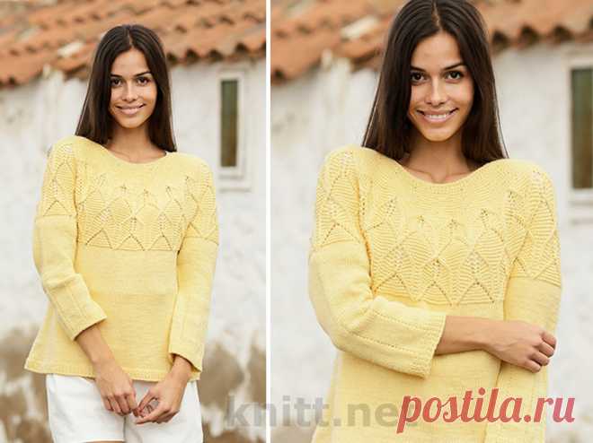 Вязаный вкруговую джемпер - это оригинальная модель для женщин, связанного из мериноса на спицах 4 мм. Круглая кокетка с   узором из стилизованных листьев