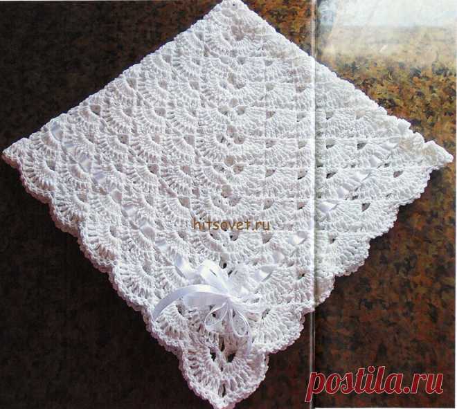 Плед крючком для новорожденных - Хитсовет Плед крючком для новорожденных. Красивый плед, связанный крючком для новорожденных со схемой. Вам потребуется: пряжа Jeans, состоящая из 55% хлопка и 45% полиакрила, 160 метров в 50 граммах - 300 грамм белого цвета, крючок № 3,5; 4,5 метра атласной ленты шириной 1 см.