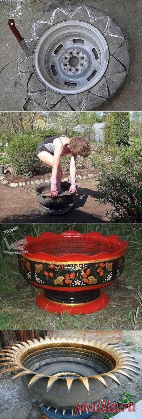 большие вазы для цветов из старых колёс