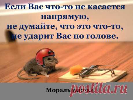 Мораль такова:
#жизнь #счастье #любовь #притча
Однажды мышь заметила, что хозяин фермы поставил мышеловку. 

Она рассказала об этом курице, овце и корове. 

Но все они отвечали: «Мышеловка – это твои проблемы, к нам она никакого отношения не имеет!»

Чуть позже в мышеловку попалась змея – и укусила жену фермера. Пытаясь её излечить, жене приготовили суп из курицы. 

Потом зарезали овцу, чтобы накормить всех, кто приехал навестить больную. 

И, наконец, закололи корову, чтобы....