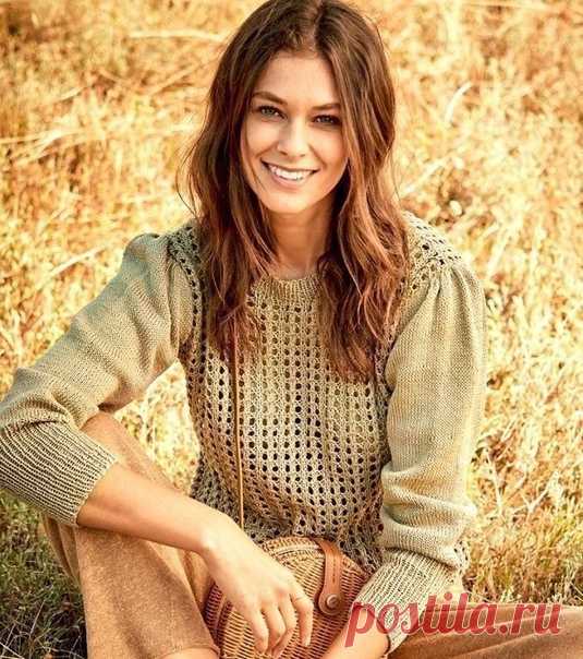 Запись на стене Ажурный джемпер с рукавами буфАжурный узор «в клетку» — спереди и на спинке, а пышные рукава, присборенные по окату, связаны простой лицевой гладью.РАЗМЕРЫ36/38 (40/42) 46ВАМ ПОТРЕБУЕТСЯПряжа (100% хлопка; 140 м/50 г) — 400 (450) 500 г серо-коричневой; спицы №3,5; круговые спицы №3,5.УЗОРЫ И СХЕМЫАЖУРНЫЙ УЗОРЧисло петель кратно 6 + 5 + 2 кромочные = вязать согл. схеме. На ней даны лицевые и изнаночные ряды...