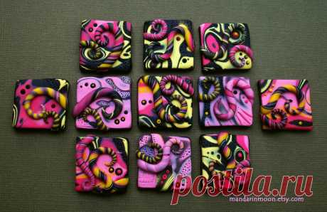 Bright pink inchies This is a group of fun inchies that I made recently. I used scraps of mokume gane from a custom pendant order. Whee!