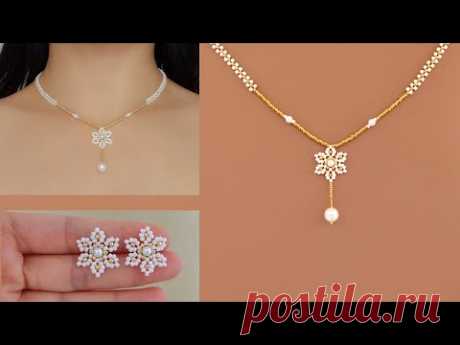 Beaded Flower Necklace & Beaded Flower Earring Studs. How to Make Beaded Jewelry. Beading Tutorial