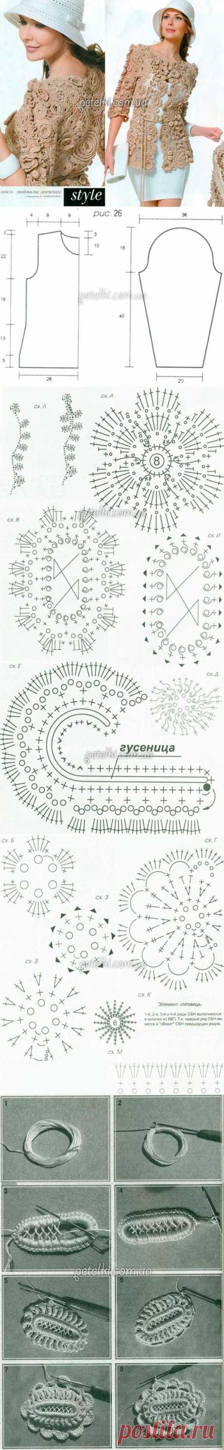 Красивый жакет в технике ирландского кружева. Описание, схемы вязания