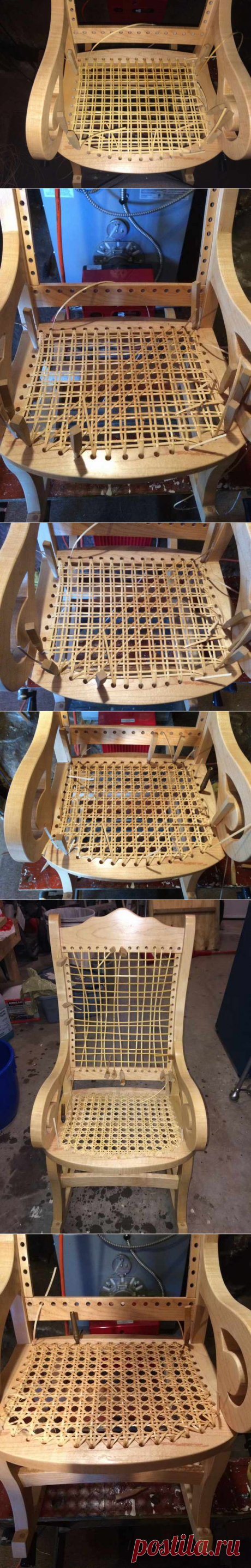 Кресло качалка из клена с плетенной спинкой и сиденьем.
