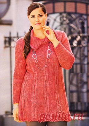 пуловер с асимметричным воротником для полных - Мастерицам.ру ПУЛОВЕР С АСИММЕТРИЧНЫМ ВОРОТНИКОМ для полных Размеры: 42/44 (46/48) 50/52 Вам потребуется: 450 (500) 550 г розово-красной пряжи Саrеzzа (30% шёлка, 30% ал
