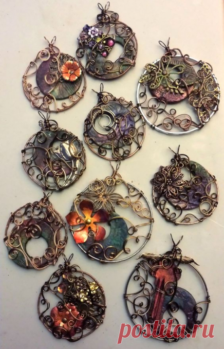 (8) Polymer clay with swellegant patina, copper soldered rings, metal and wire wire wrapping. Beautiful! | Jewellery that I love