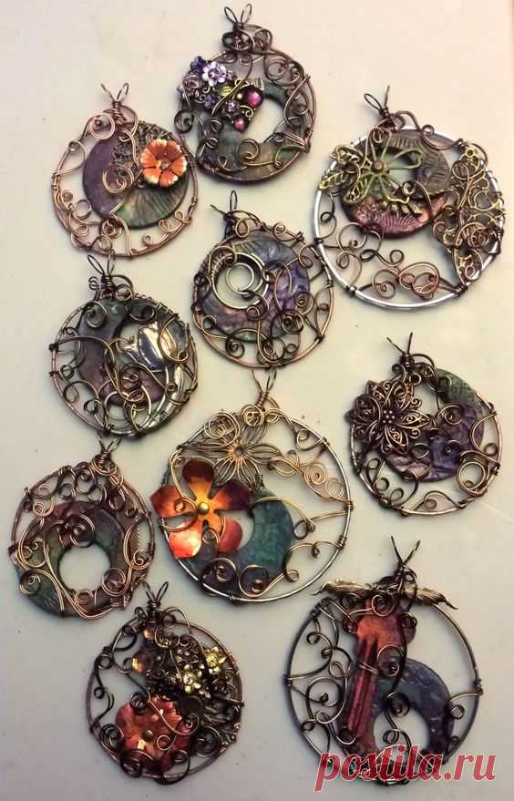 (8) Polymer clay with swellegant patina, copper soldered rings, metal and wire wire wrapping. Beautiful! | Jewellery that I love