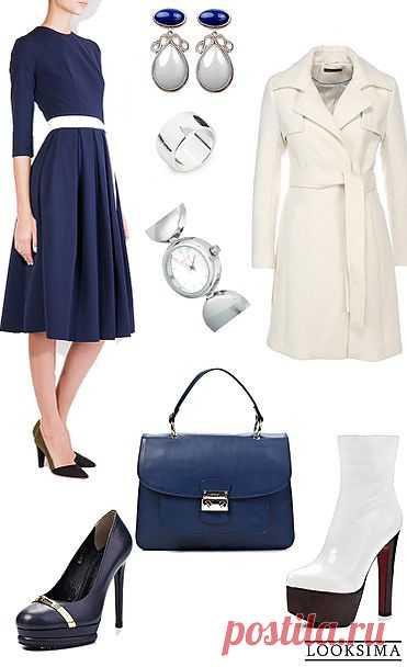 Стартовал последний месяц зимы и пора подумать о весеннем гардеробе для офиса. Строгое синее платье хорошо освежит молочный белый цвет. Неброская серебряная бижутерия придаст законченность образу и привнесет оттенок женственности.