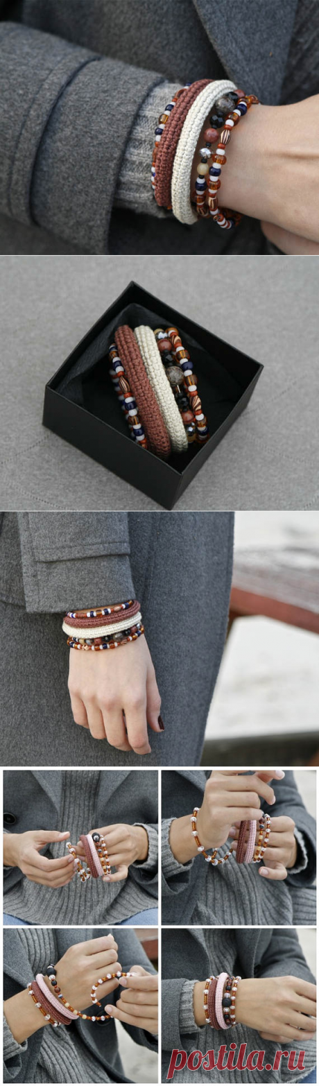 Crochet wrap bracelet stacked bangles memory wire bracelet