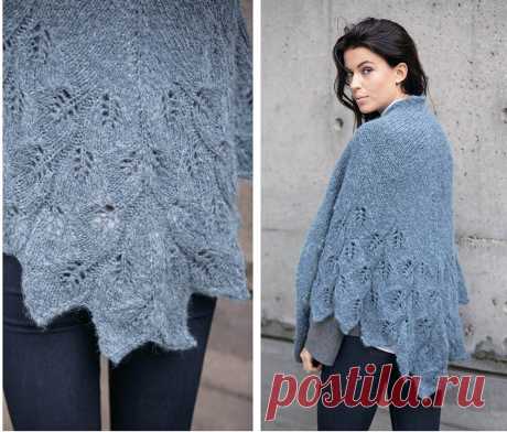 Тёплая шаль с каймой узором "листья". Спицами. / knittingideas.ru