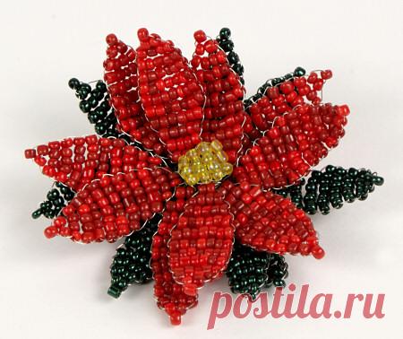 Рождественские цветы пуансетии Новогодние изделия, Цветы из бисера – Бисерок