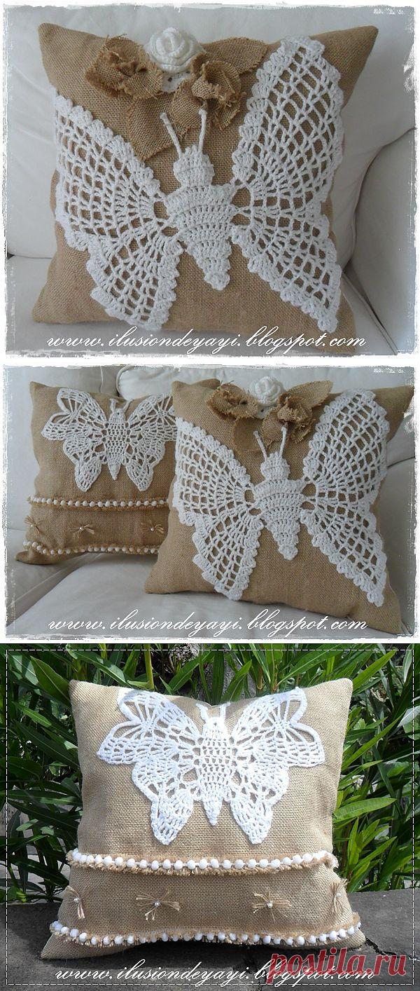 Бабочка крючком для украшения подушки из мешковины. Схемы бабочек.