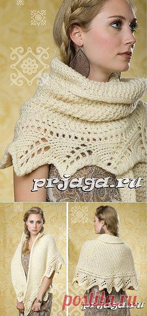 Теплая шаль спицами с ажурной каймой