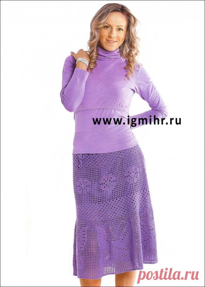Сиреневая юбка в филейной технике, с бабочками и цветами. Крючок