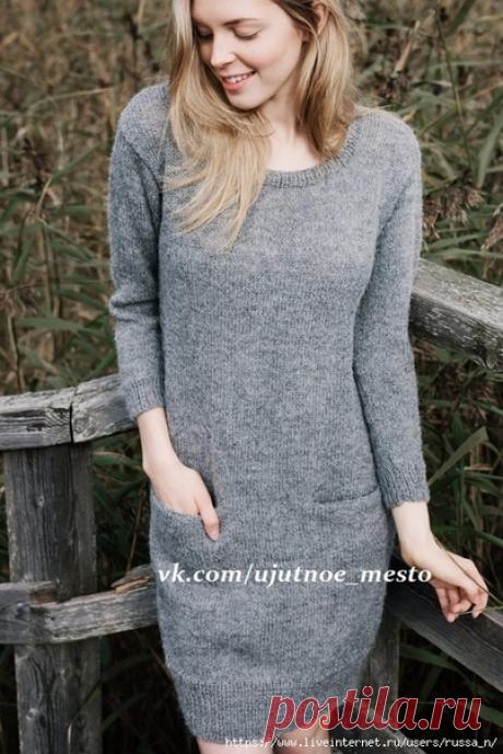 Платье с карманами из альпаки

Размеры
XS (S) M (L) XL (XXL)
Обхват груди (готовое изделие): 88 (96) 104 (112) 120 (128) см
Длина: 88 (90) 92 (94) 96 (98) см
Длина рукава: 39 (40) 41 (42) 42 (43) см

Материалы
Пряжа Novita New Alpaca Wool (50% альпака, 50% шерсть, 50 г/100 м) 11-12-13-14-15-16 мотков, спицы круговые 4.5 мм

Плотность вязания
20 петель и 26 рядов = 10х10 см чулочной вязкой

Спинка
Набрать 90 (98) 106 (114) 122 (130) п. и провязать 10 см резинкой 1х1 (1 лиц....