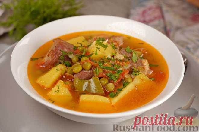 Рецепт: Суп со свининой, овощами и консервированным горошком на RussianFood.com