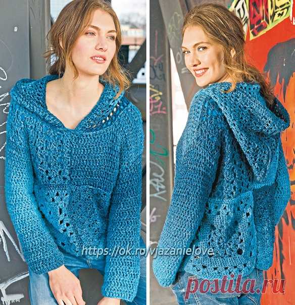 Пуловер-пэчворк 
Размер: 38/40 

Вам потребуется: 
пряжа (46% шерсти, 46% вискозы, 8% полиамида; 210 м/50 г) - 500 г сине-бирюзовой секционного крашения; 
крючок № 8. 
Важно: постоянно вязать двойной нитью, при этом обращать внимание на то, чтобы цвета при переходе цветов совпадали. 

Квадрат: сложить 1 кольцо из нити, выполнить 1 в.п., 5 ст. б/н в кольцо и замкнуть круговой ряд при помощи 1 соед. ст. (= 1 -й круговой ряд), а затем стянуть нить до требуемого размера. Вязат...