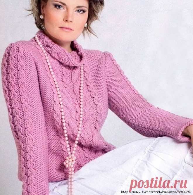 Нежный и красивый свитер с узором косы — HandMade