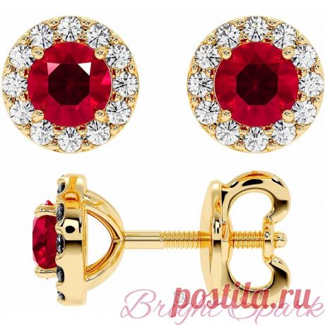 47.200 р-Золотые серьги-пусеты с рубинами и россыпью Amalia на 1,6 карата Великолепные серьги-пусеты из золота с центральными гидротермальными рубинами огранки круг (аналогичен натуральному камню) по 0,6 карата каждый, в ореоле мелких муассанитов.