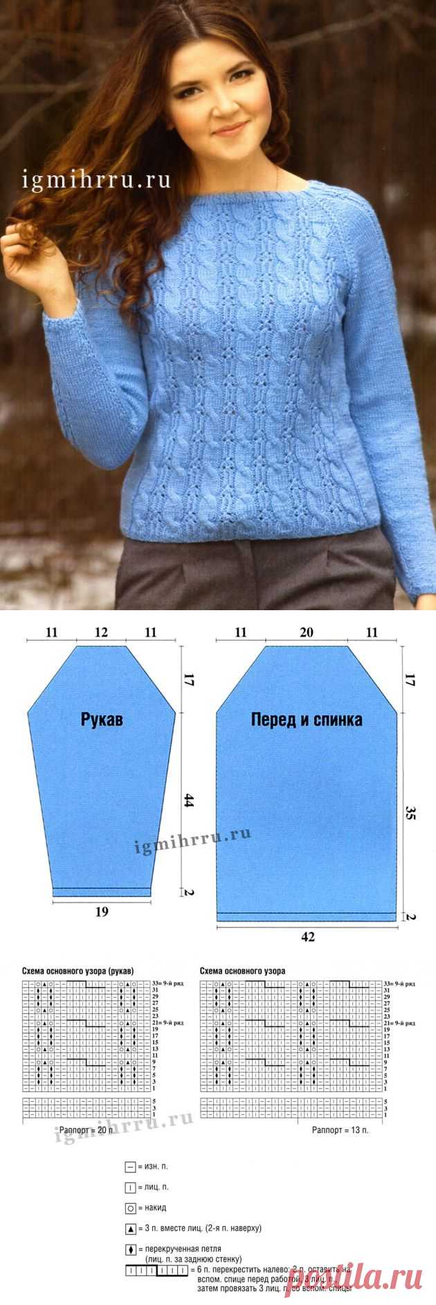 Теплый голубой джемпер с косами. Спицы