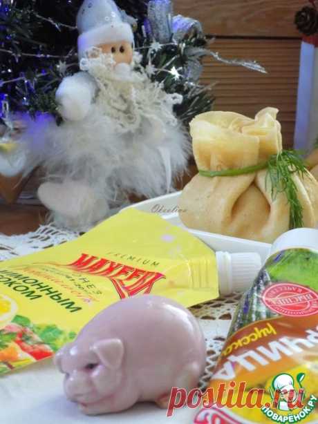 Блины "Мешочки Деда Мороза" с оливье – кулинарный рецепт