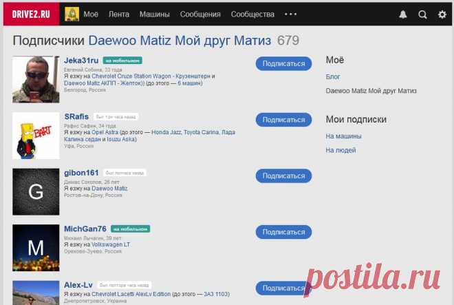 Подписчики Daewoo Matiz Мой друг Матиз