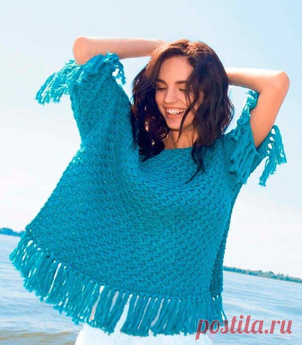 Как связать Бирюзовый пуловер-пончо спицами