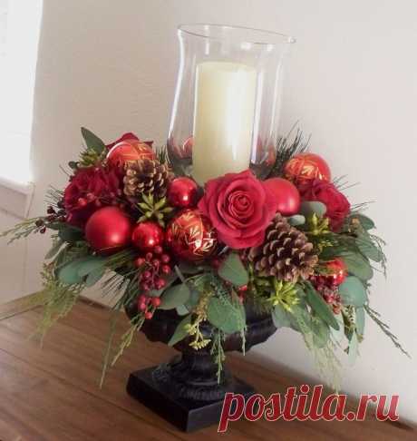 Christmas Centerpiece - Red Silk in Black Urn