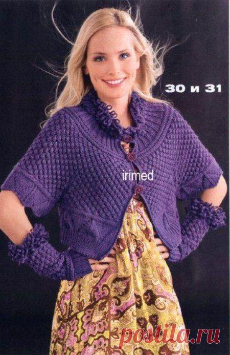 Короткий жакет с круглой кокеткой спицами и крючком | Рукоделие и вышивка