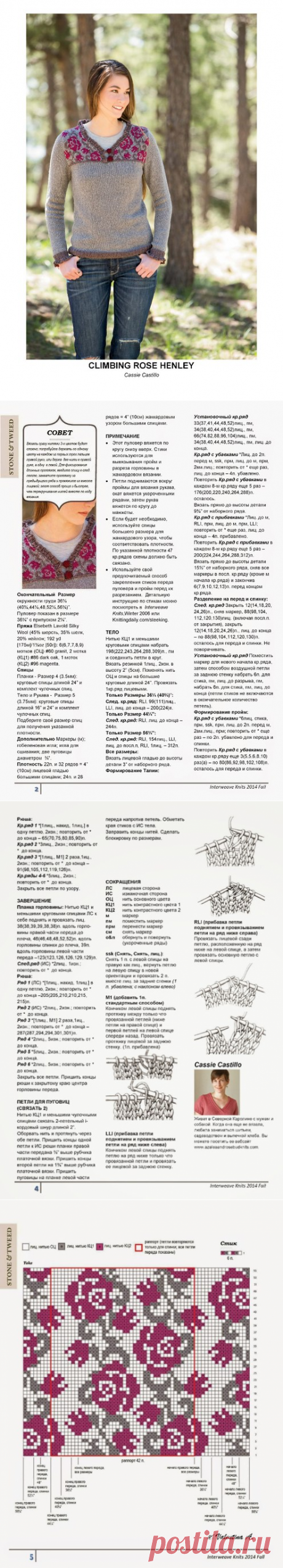 Пуловер спицами с жаккардовым узором (розы) на кокетке