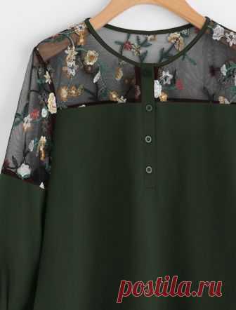 Embroidered Lace Panel Dip Hem Tie Cuff Blouse -SheIn(Sheinside)