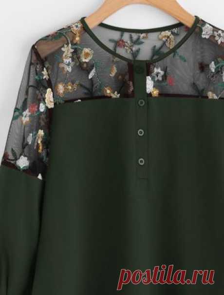 Embroidered Lace Panel Dip Hem Tie Cuff Blouse -SheIn(Sheinside)