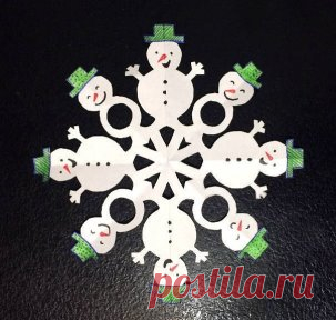 Оригинальные снежинки из бумаги 
Для начала возьмите лист белой бумаги квадратной формы и сложите его по схеме. Нарисуйте карандашом контур и вырежьте. Аккуратно расправьте снежинку и теперь дорисуйте глаза, рот, нос-морковку каждому снеговику, раскрасьте и украсьте их. Можно использовать цветные карандаши, краски, фломастеры, блестки, пайетки, сделать пуговки из бисера и многое другое.
#НовогоднийДекор