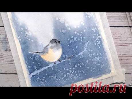 Watercolor winter season painting for beginners. Easy bird painting tutorial.