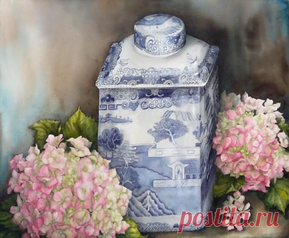 Старый чайница с гортензий | Ева Бройер арт-дилер