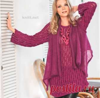 Длинный пуловер и палантин-жилет спицами Длинный пуловер и палантин-жилет. Эффект многослойности не выходит из моды. Связанный в поперечном направлении жилет из мохера, больше напоминающий