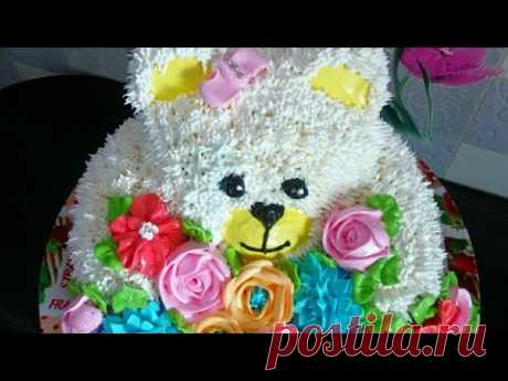 3D cake "Bear"/ 3д торт "Мишка"в корзине с цветами. Как собрать и украсить кремовый торт